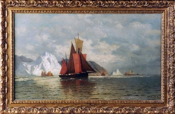 Sailing Vessels With Icebergs In Distance Oil Painting by William Bradford