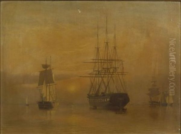 The Frigate U.s.s. Congress At Sunset (boston Harbor?) Oil Painting by William Bradford