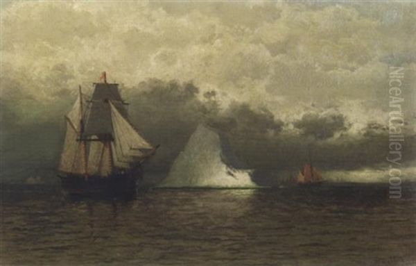 Whaler And Schooners Sailing Past Icebergs Oil Painting by William Bradford