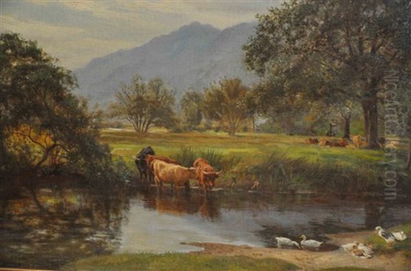 On The Falloch, Ben Vorlich, With Cattle Watering And Ducks In Foreground Oil Painting by Basil Bradley