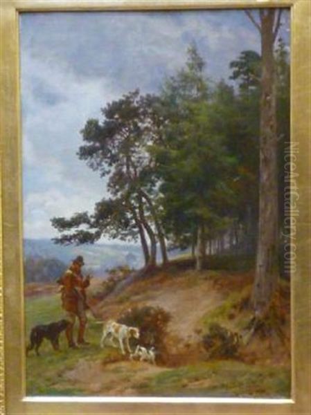 Game Shooter And Dogs Entering A Wood Oil Painting by Basil Bradley