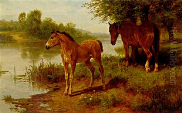 Mare And Foal On The Bank Of The Thames Oil Painting by Basil Bradley