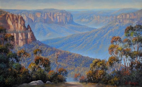 Sunlit Ramparts. Grose Valley Oil Painting by John Bradley