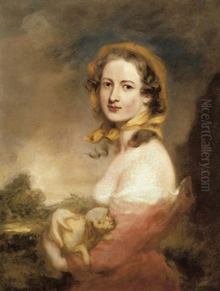 Portrait Of A Lady, Half-length, In A Red Dress And A Yellow Scarf, Holding A Dog, A Landscape Beyond Oil Painting by William Bradley