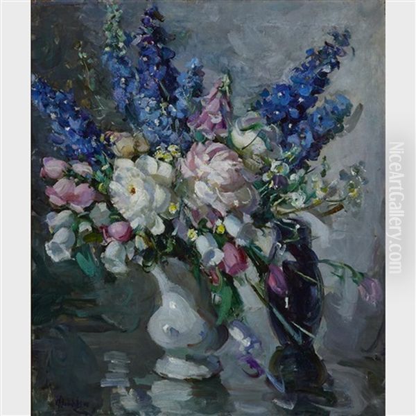 Still Life With Delphiniums And Peonies Oil Painting by Eva Theresa Bradshaw