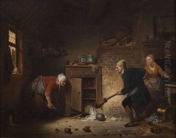 Figures In An Interior Oil Painting by Ferdinand de Braekeleer the Elder