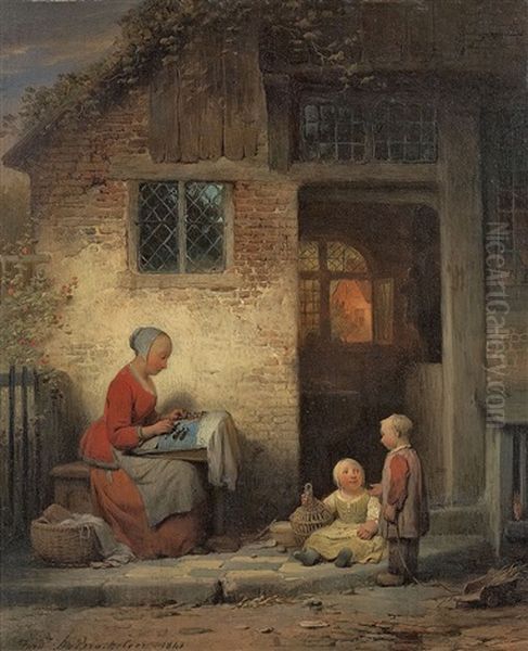 Eine Mutter Mit Zwei Kindern Vor Ihrem Hause Oil Painting by Ferdinand de Braekeleer the Elder