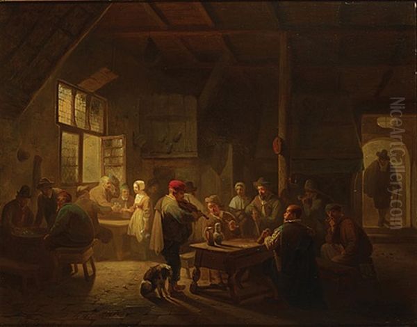 A Busy Tavern Oil Painting by Ferdinand de Braekeleer the Elder