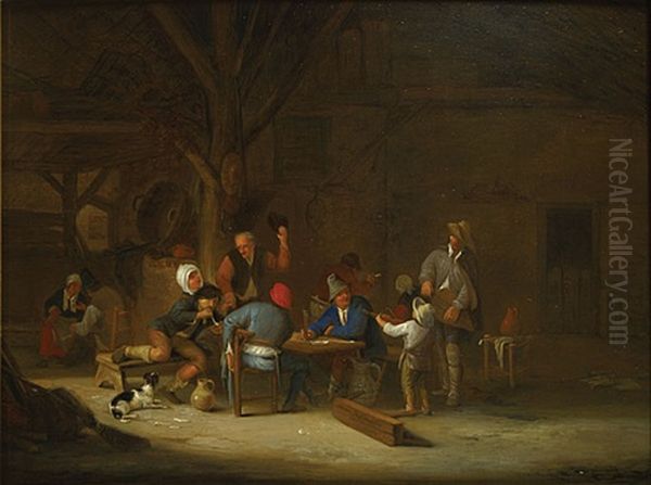 A Barn Interior With Peasants Drinking, Smoking And Making Music Oil Painting by Ferdinand de Braekeleer the Elder