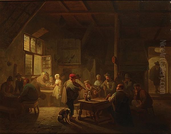 A Busy Tavern Oil Painting by Ferdinand de Braekeleer the Elder