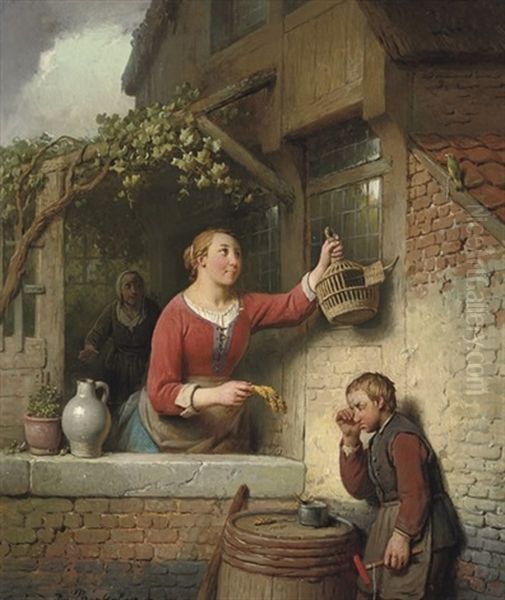 L'oiseau En Liberte: Setting The Bird Free Oil Painting by Ferdinand de Braekeleer the Elder