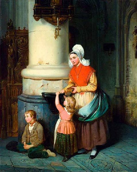 Mutter Mit Kind In Einer Kirche, An Einer Saule Sitzt Ein Bettelknabe Oil Painting by Ferdinand de Braekeleer the Elder