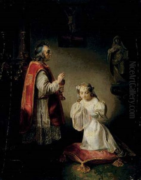 La Premiere Communion. Vers La Droite, Une Statue De Sainte Francoise Romaine Oil Painting by Ferdinand de Braekeleer the Elder