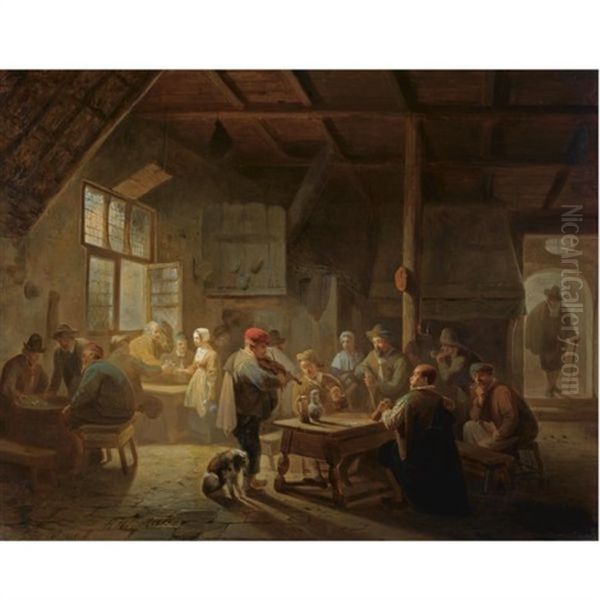 A Busy Tavern Oil Painting by Ferdinand de Braekeleer the Elder