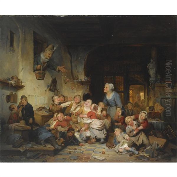 The Village School Oil Painting by Ferdinand de Braekeleer the Elder