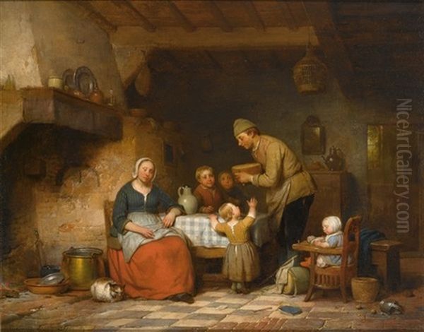 A Peasant Family Gathered Around The Kitchen Table Oil Painting by Ferdinand de Braekeleer the Elder