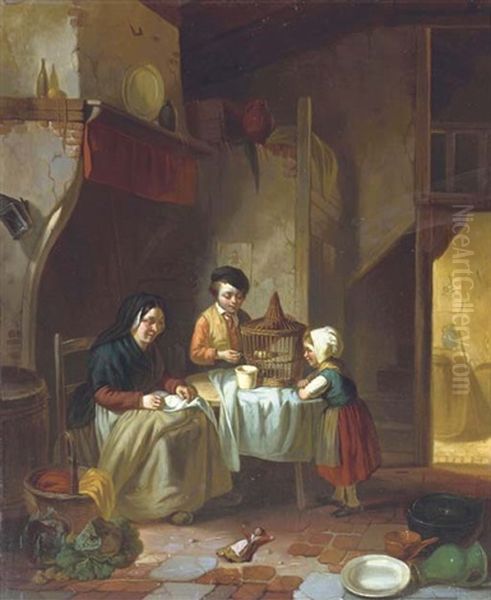 Feeding The Bird Oil Painting by Ferdinand de Braekeleer the Elder