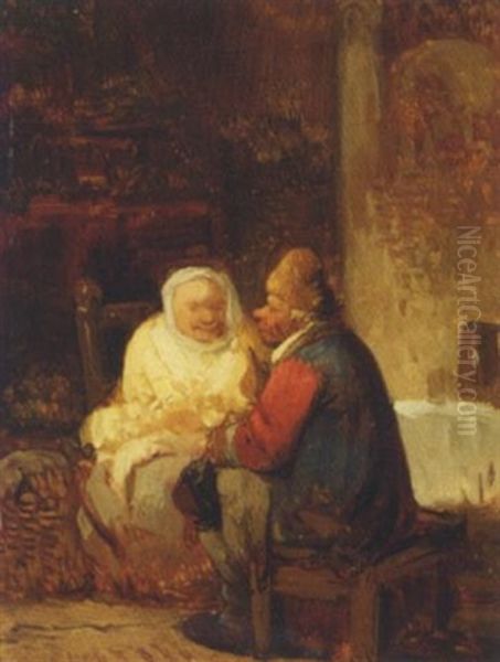 A Couple In An Interior Oil Painting by Ferdinand de Braekeleer the Elder