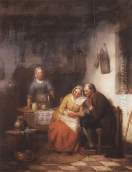 An Interior With Figures Oil Painting by Ferdinand de Braekeleer the Elder