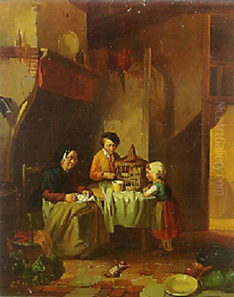 Children Playing With A Bird In A Kitchen Oil Painting by Ferdinand de Braekeleer the Elder