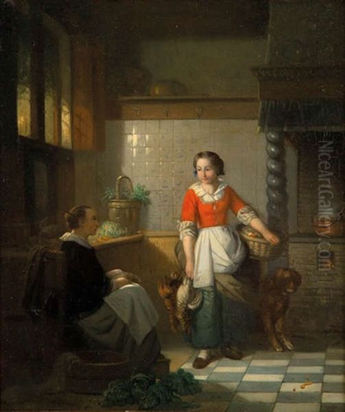 Jonge Keukenmeiden Aan Het Werk Oil Painting by Adrien Ferdinand de Braekeleer