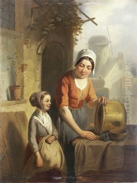 Mutter Und Tochter Beim Putzen Eines Kessels Oil Painting by Adrien Ferdinand de Braekeleer