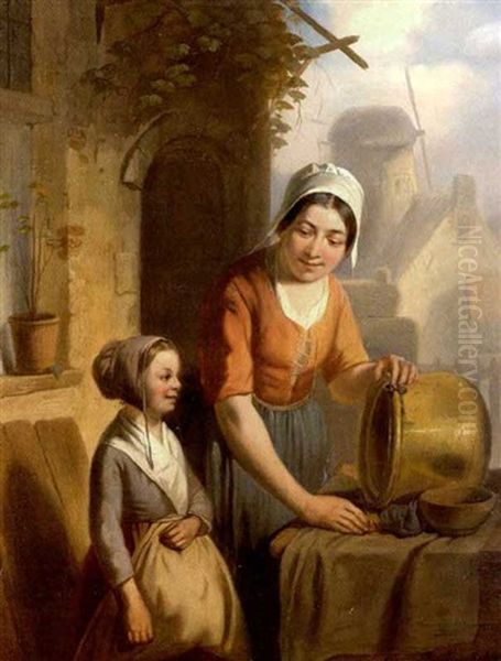 Eine Hausmagd Reinigt Vor Dem Haus Einen Messingkessel Oil Painting by Adrien Ferdinand de Braekeleer