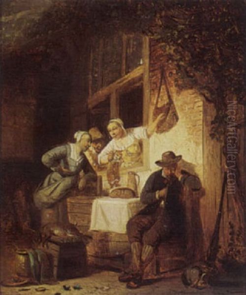 Women Conversing Outside A House Oil Painting by Adrien Ferdinand de Braekeleer