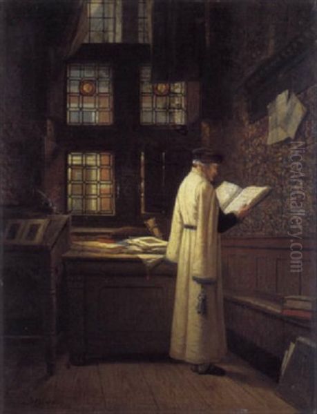 Interieur Met Lezende Man Oil Painting by Adrien Ferdinand de Braekeleer