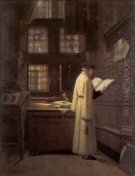 Interieur Met Lezende Man Oil Painting by Adrien Ferdinand de Braekeleer