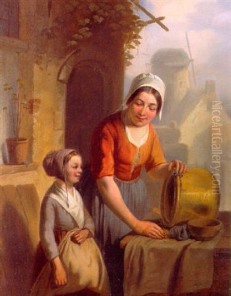 Mutter Und Tochter Vor Dem Hause Oil Painting by Adrien Ferdinand de Braekeleer