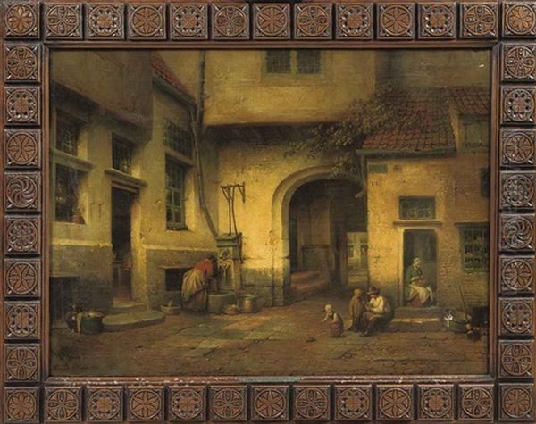 Daily Activities In A Sunlit Courtyard Oil Painting by Henri de Braekeleer