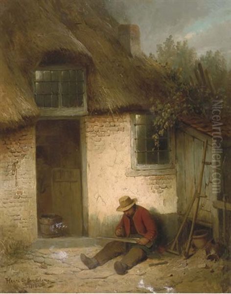 At Work With A Scythe In Front Of A Farmhouse Oil Painting by Henri de Braekeleer