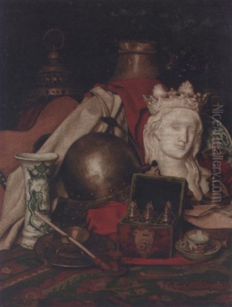 Chez L'antiquaire: A Cellar Rat, A Crowned Virgin, An Iron Helmet And Other Objects On A Turkish Carpet Oil Painting by Henri de Braekeleer