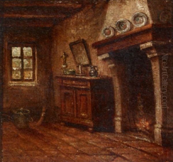 Interior With A Fireplace Oil Painting by Henri de Braekeleer