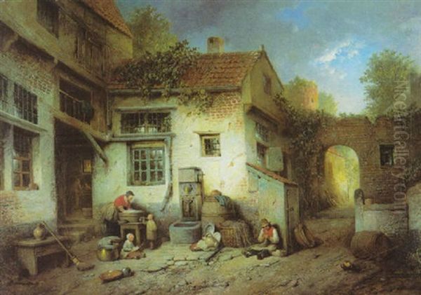 Dorpstafereel - Boerin Die De Was Doet Oil Painting by Henri de Braekeleer