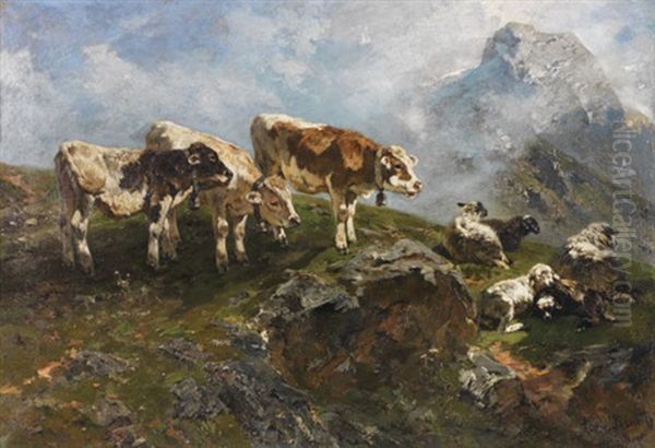 Kalber Und Schafe Im Hochgebirge Oil Painting by Anton Braith