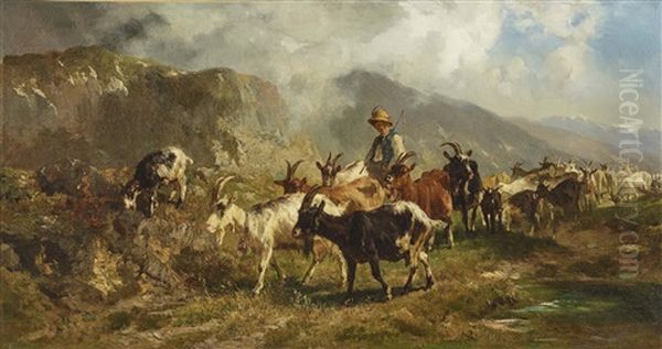 Goatherd In The Mountains Oil Painting by Anton Braith