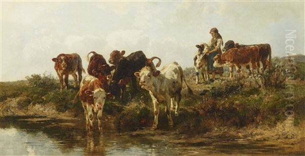 Maid With Young Cattle At The Brook Oil Painting by Anton Braith