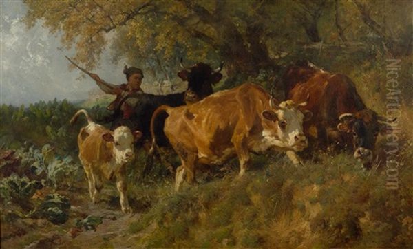 Young Herdsman With Cows Oil Painting by Anton Braith