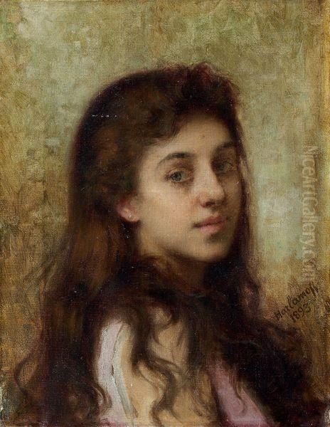 Portrait De Jeune Fille Oil Painting by Alexei Alexeivich Harlamoff