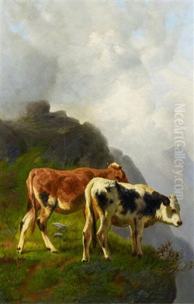 Zwei Kalber Im Gebirge Oil Painting by Anton Braith