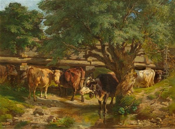 Cattle By A Stream Oil Painting by Anton Braith