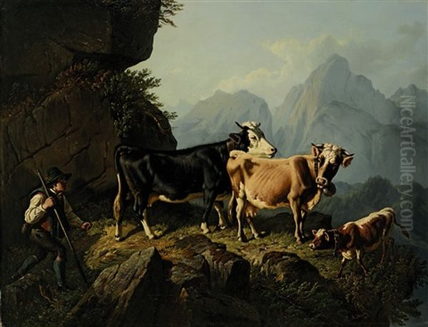 Hirtenbub Mit Kuhen Und Kalb Im Hochgebirge by Anton Braith