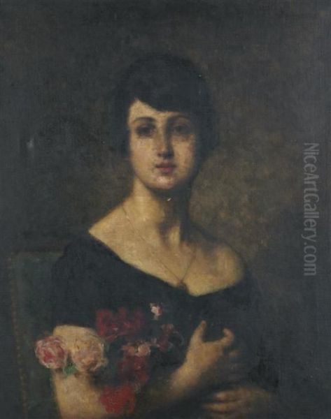 Portrait De Femme Tenant Un Bouquet De Roses Sous Son Bras Droit Oil Painting by Alexei Alexeivich Harlamoff