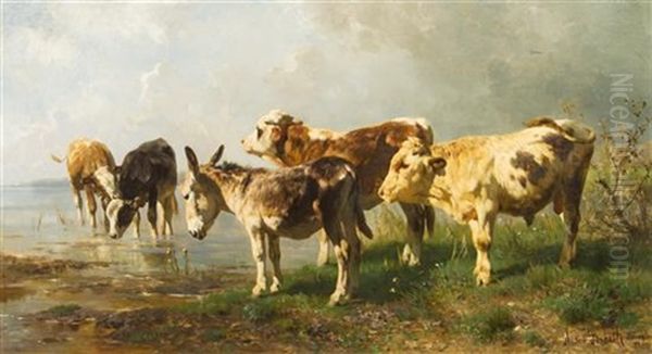 Cows And Donkey Watering In A Landscape Oil Painting by Anton Braith