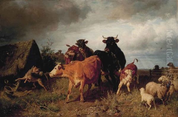 Cows And Sheep In A Field Oil Painting by Anton Braith