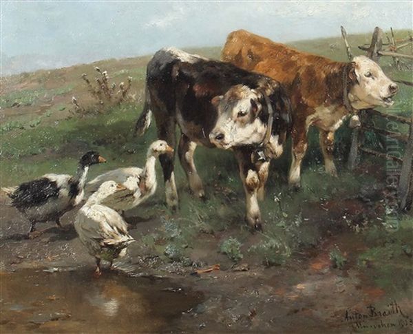 Zwei Jungbullen Und Drei Flugenten An Der Tranke Oil Painting by Anton Braith