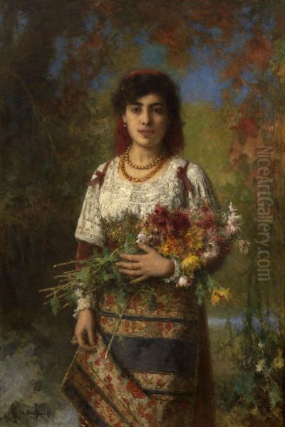 Gypsy Girl With Flowers Oil Painting by Alexei Alexeivich Harlamoff