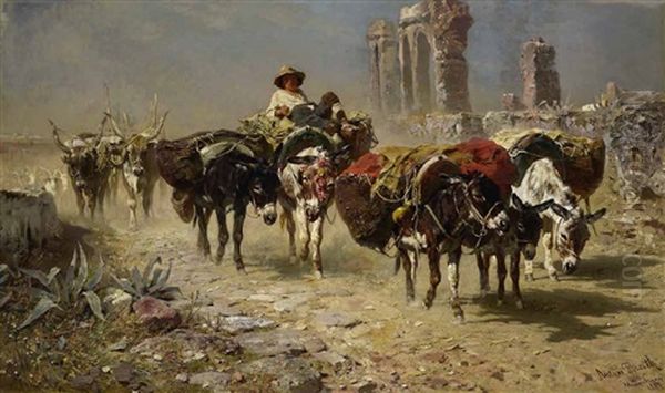 Hirte Mit Bepackten Eseln Und Maultieren Auf Der Via Appia Oil Painting by Anton Braith